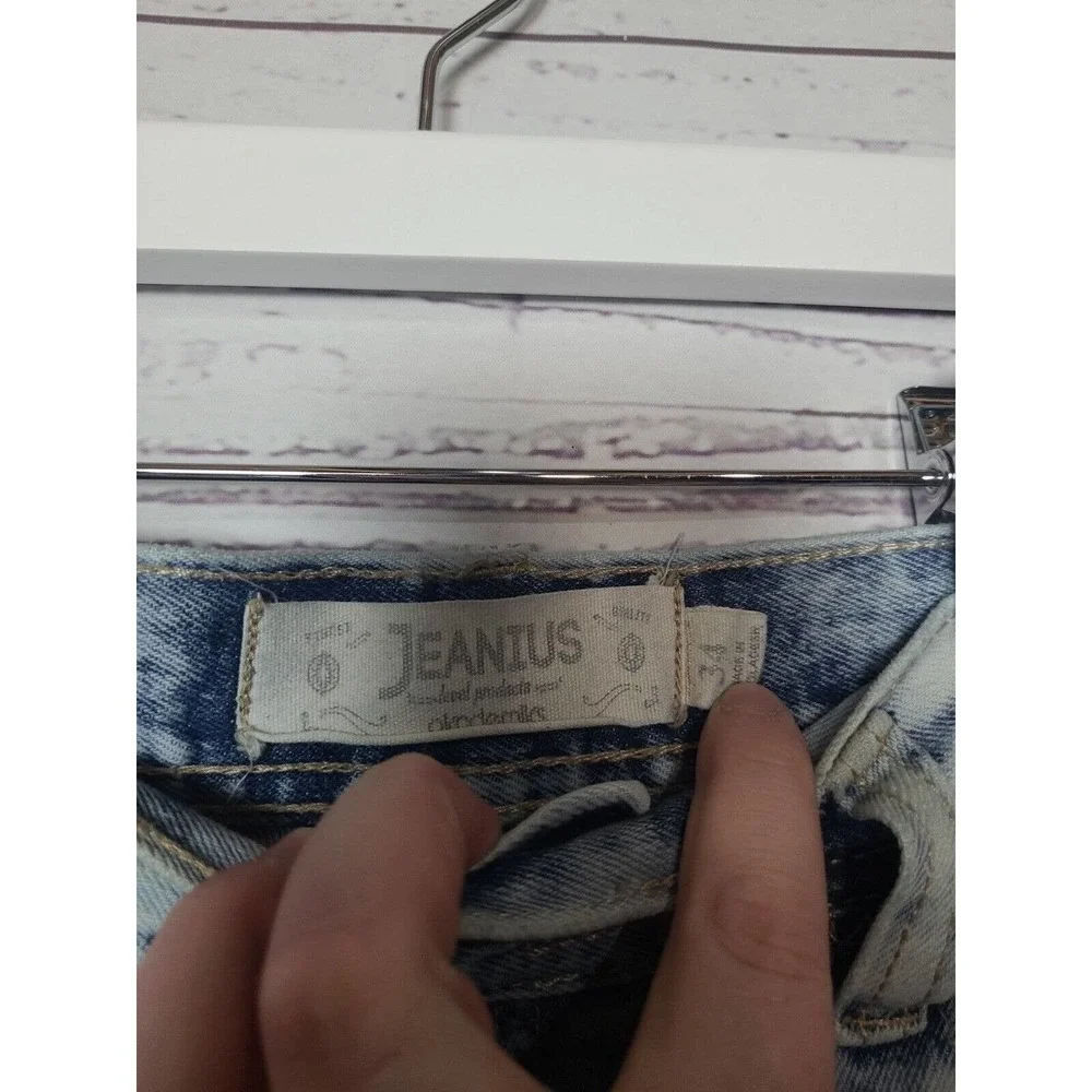 Jeanius Blue Denim Bermuda 100% Cotton Acid Wash Distressed Shorts Men's Size 34